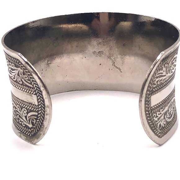 Vintage Silver Tone Wide Cuff Bracelet Etched Scrollwork, Boho Statement - Picture 3 of 15